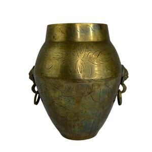 Chinese Brass Engraved Vase w/ Dragon Head Handles